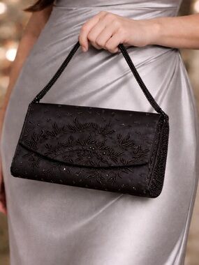 Vintage Black Satin Beaded Handbag Clutch